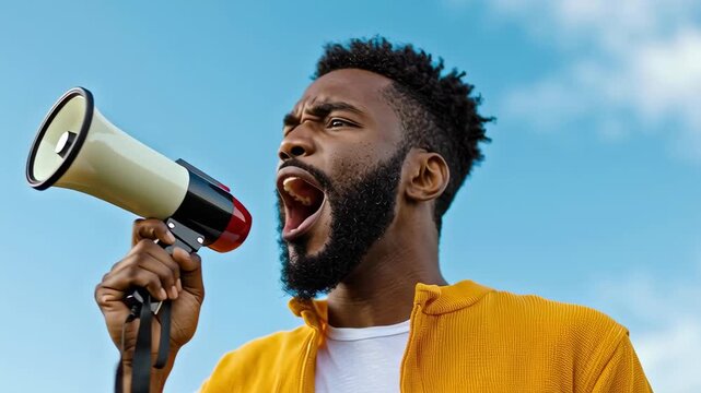 A man passionately speaking into a megaphone against a blue sky.