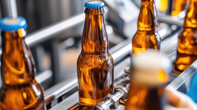Bottles on Production Line in Brewery with Bright Amber Liquid and Blue Caps for Beverage Manufacturing Industry