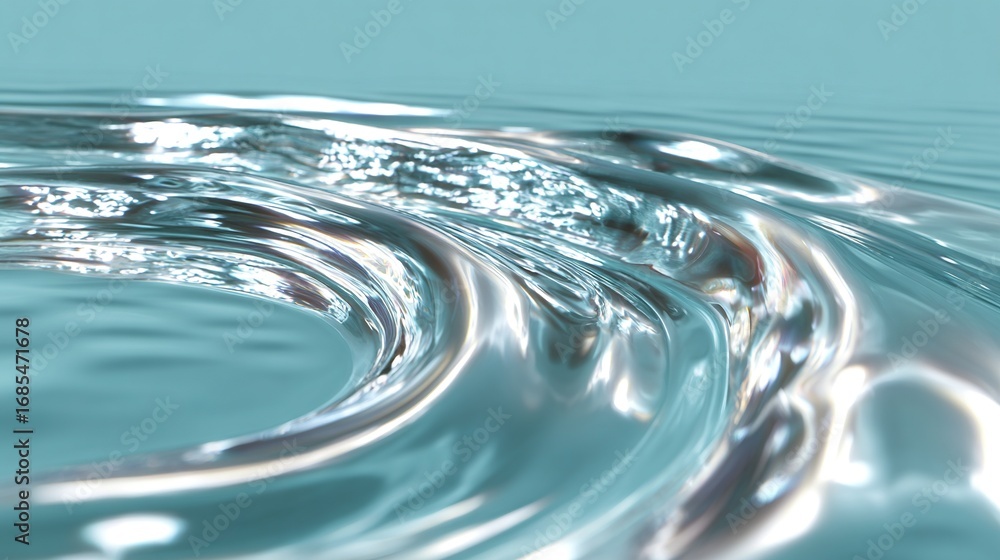 Poster shimmering abstract water surface in silver and aqua tones with smooth reflective ripples, creating 