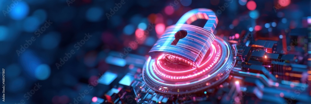 Poster a digital padlock is placed on a circuit board, symbolizing cybersecurity and data protection in a f