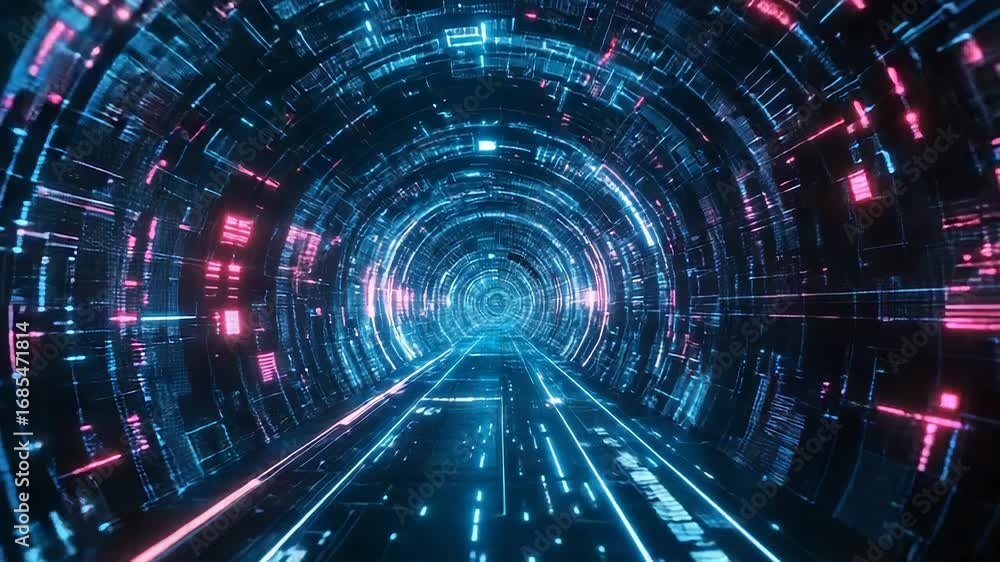 Poster futuristic tunnel with glowing lines and data flowing