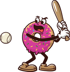 Donuts mascot cartoon playing baseball