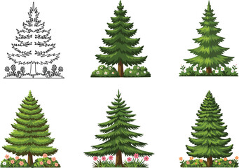 Pine tree illustrations set, botanical evergreen drawings, seasonal forest plants, nature art collection, conifer tree graphics, decorative foliage design, floral landscape elements