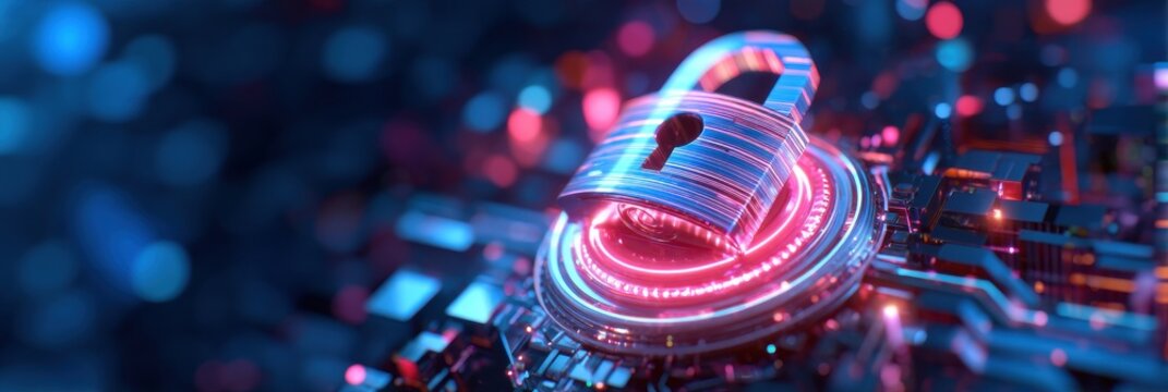A digital padlock is placed on a circuit board, symbolizing cybersecurity and data protection in a futuristic, high-tech environment. - Powered by Adobe