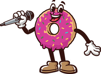 Donuts mascot cartoon holding a microphone and singing