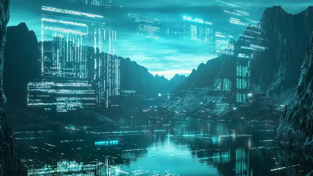 Futuristic cityscape reflecting in water with holographic data stream overlay