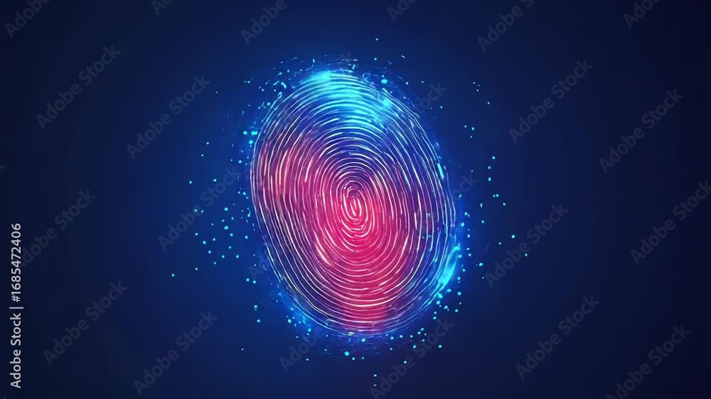 Poster fingerprint glowing in red and blue with data particles rotating around it