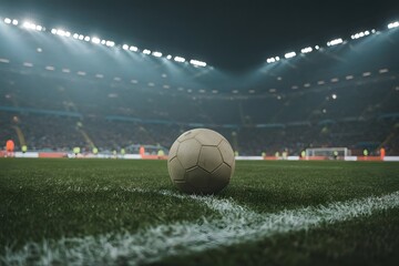 Close up of a rugby ball resting on the green grass of a brightly lit stadium field with stadium lights shining down on the playing surface