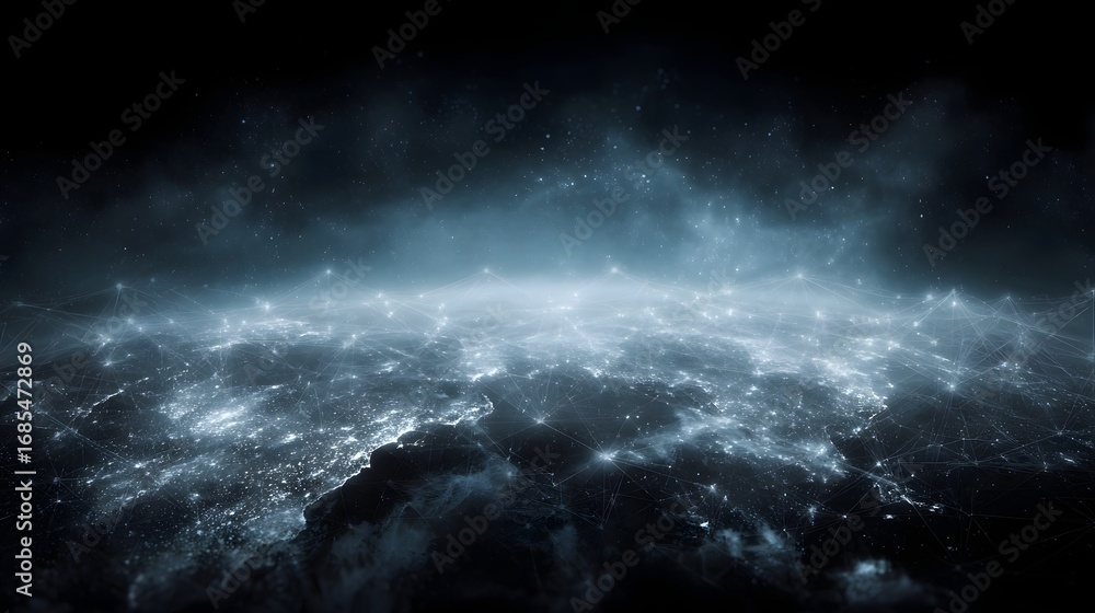 Aufkleber global digital network with glowing connections over a futuristic abstract landscape symbolizing int