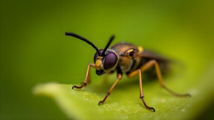 Close-up of a yellow and black insect on a green leaf in a natural setting during daylight