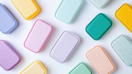 Colorful storage containers arranged in playful pattern, showcasing various pastel shades and textures, perfect for organizing items