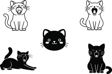 Fototapeta premium Yawning cat vector illustration, cute kitten cartoon drawing, black and white feline artwork, expressive pet animal face, minimalist style domestic cat character design