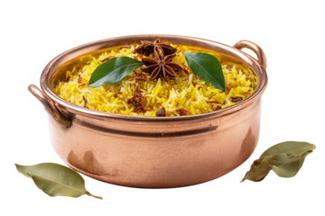 Delicious indian chicken biryani served in a traditional copper pot garnished with fresh curry leaves and star anise