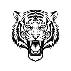 A black and white illustration of a tiger's head with an open mouth on a white background