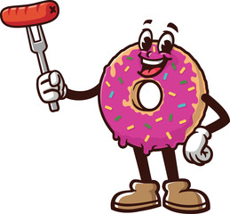 Donuts mascot cartoon holding a sausage