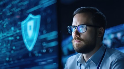 A focused individual wearing glasses analyzes cybersecurity data on a digital interface, highlighting themes of technology and security.