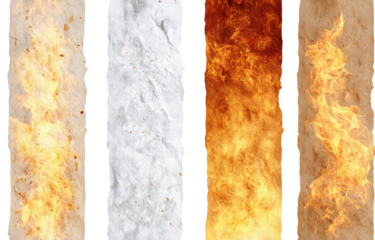 Four vertical columns of contrasting textures.  From left to right  flames, light brown;  white, granular material;  flames, orange-red;  brown, textured material