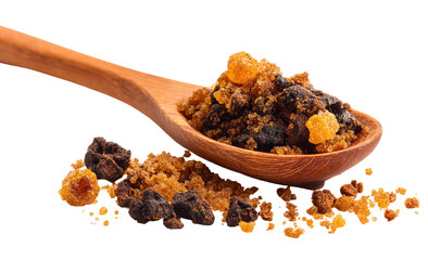 Dried resin granules on wooden spoon