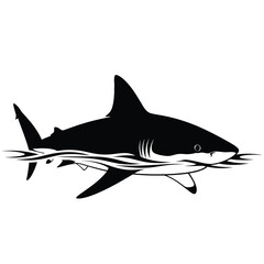 Black silhouette of a shark swimming in water with a white background.