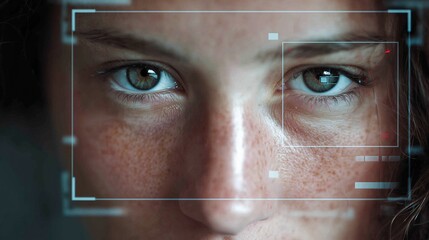 Close-up of a young Caucasian woman with curly brown hair and freckles. Her blue eyes are focused, with a digital overlay suggesting facial recognition technology.