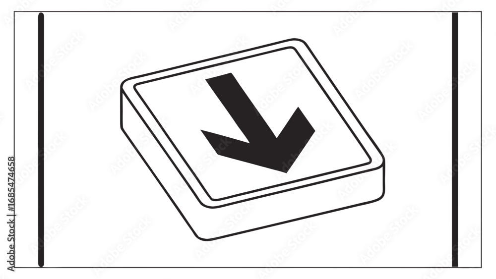 Aufkleber isometric view of a square sign with a downward pointing arrow and two black vertical lines on the s