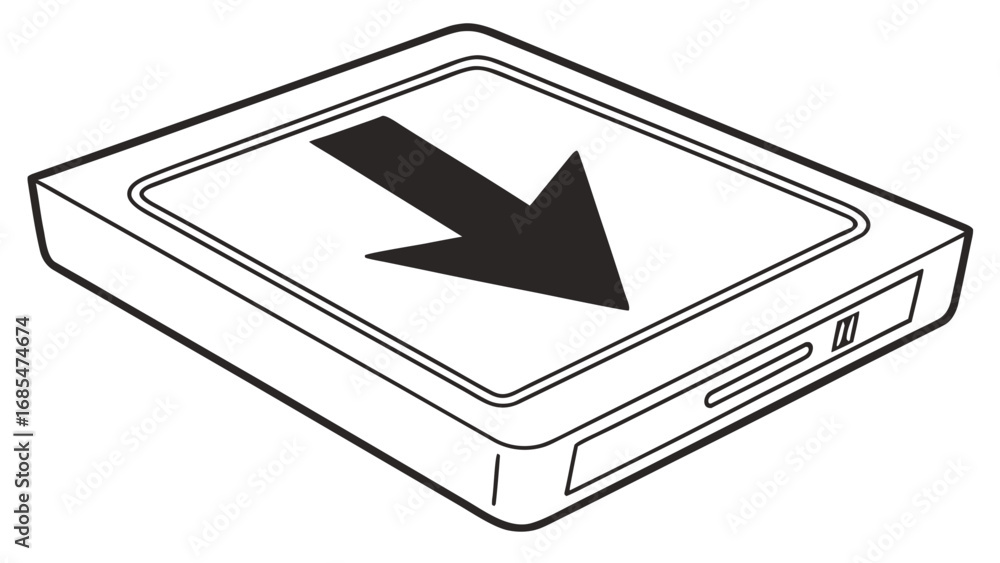 Aufkleber isometric view of a square box with a downward pointing arrow and a slot on the side depicted in lin