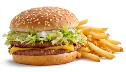 Cheeseburger and Fries. Junk Food dinner with Burger, French Fries isolated on white background. Unhealthy products. Bad for skin, heart and teeth. Assorted Takeaway or delivery Meal. Take Out Food