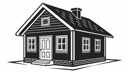 Illustration of a house with a chimney, windows, and a door with a gable roof in black and white