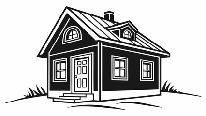 Illustration of a small house with a chimney, windows, door and steps on a grassy hill in black and white