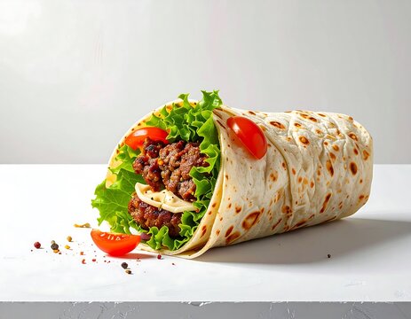 Delicious wrap with seasoned meat, cheese, lettuce and cherry tomatoes - Powered by Adobe
