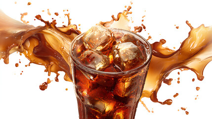 Cola with ice splash, isolated on white background