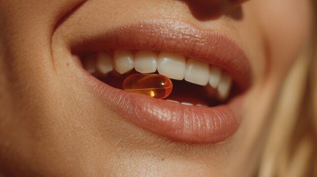 Close-up of a young Caucasian woman holding a gel capsule between her teeth. She has light brown hair and a natural smile, showcasing healthy teeth.