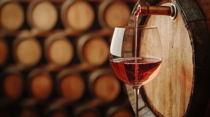 Pouring red wine into glass with wooden barrel background, elegant beverage setting for wine enthusiasts and connoisseurs
