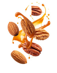 Nuts with Caramel Splash on Transparent Background, Floating in Air