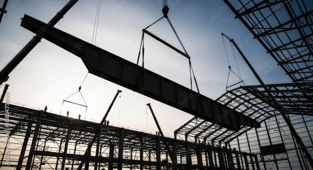 Poster perspective from below as steel beams are hoisted into place for aircraft hangar frame demonstrating
