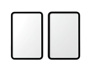 Two blank rectangular posters, side-by-side, with sleek black frames.  Empty white surfaces.  3D rendering