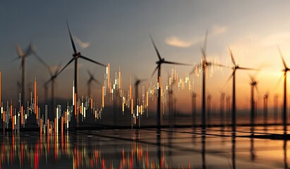 Wind turbines at sunset with financial data overlay (1)