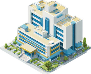 Isometric view of a modern hospital complex.  Multi-story buildings,  various shades of light blue, white, and cream.  Rooftops, windows, and landscaping are detailed.  Urban setting