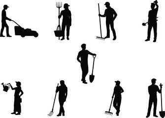 Obraz premium Gardening and landscaping worker silhouettes, people using tools, lawn mowing, watering plants, raking leaves, planting, farming, agriculture, outdoor maintenance, black vector icons,