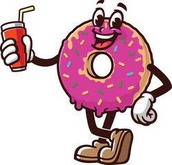 Donuts mascot cartoon holding a soft drink