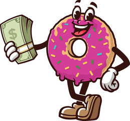 Donuts mascot cartoon holding cash