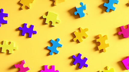  Colorful Jigsaw Puzzle Pieces Spread Randomly on Bright Yellow Background, Embracing a Playful and Creative Concept in a Flat Lay Style.