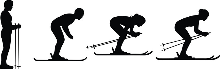 Silhouette of skiers, black vector illustration, skiing poses, winter sports theme, downhill motion concept, cad drawing flat vector illustration
