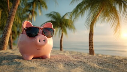 Pink piggy bank in sunglasses on a sandy beach at sunset