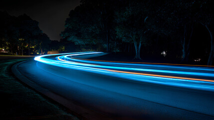 curved motion streak with blue trail and glowing line across the dark road, as the laser beam breaks into light and a bright tail forms the main moving line 