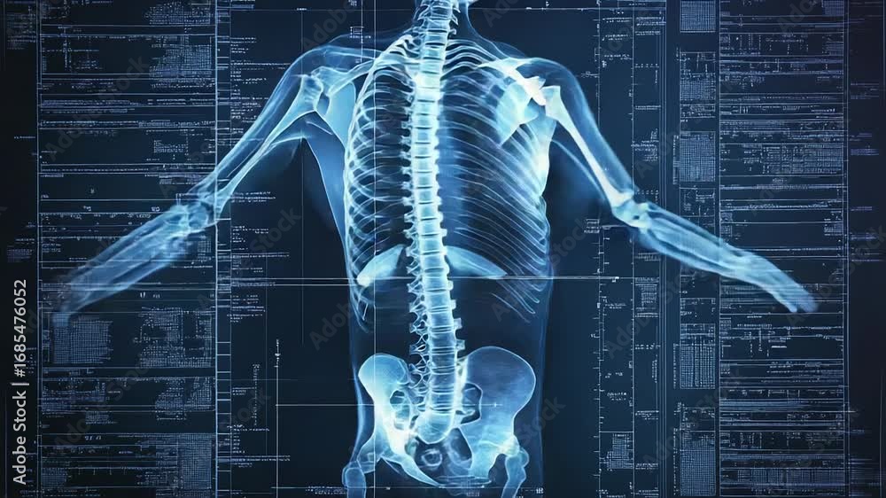 Poster futuristic x ray scan showing human skeleton and data analysis