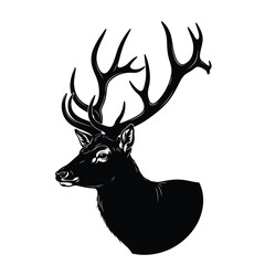Black silhouette illustration of a deer head with large antlers on a white background