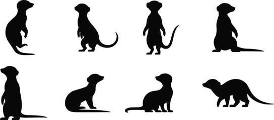 Meerkat silhouettes in various poses, standing and sitting positions, wildlife animal icons, black vector illustration, minimal design style, CAD drawing flat vector illustration