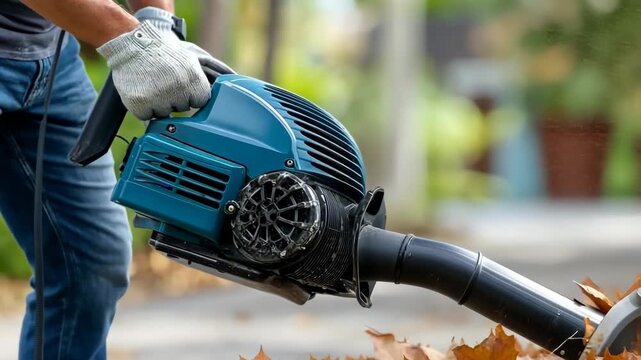Efficient leaf blowing in a residential yard during autumn cleanup
