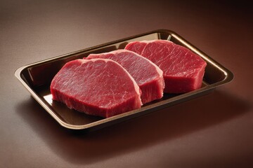 Beef. Fresh Black Angus Prime raw beef steaks. A slices of red meat fillet mignon. Ribeye, rib eye. Uncooked tender marbled striploin steak on dark background. Preparation for cooking. Butcher Shop